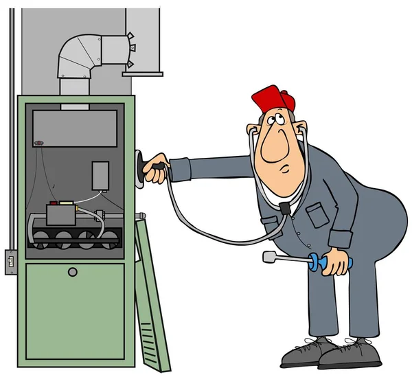 Cartoon HVAC technician servicing a furnace
